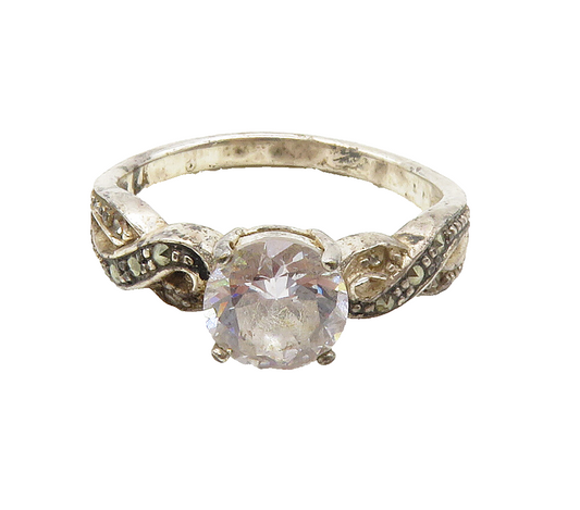 925 Silver  Vintage Cubic Zirconia & Marcasite Band Ring Sz 7.5  RG15317