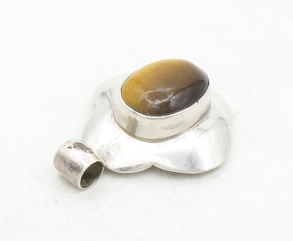 925 Sterling Silver  Vintage Cabochon Cut Tiger's Eye Shiny Pendant  PT9964