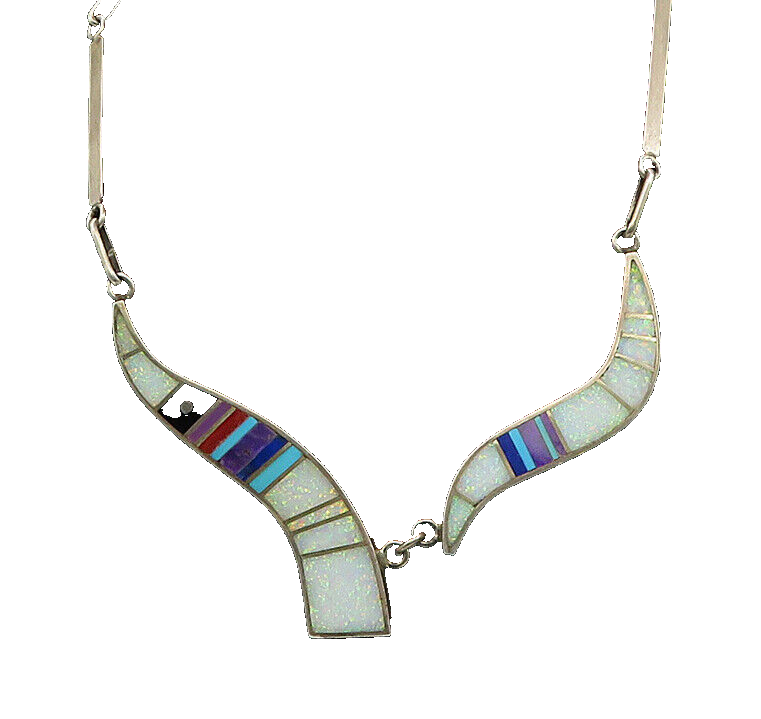 HAROLD SMITH NAVAJO 925 Silver  Vintage Multi Stone Chain Necklace  NE3328