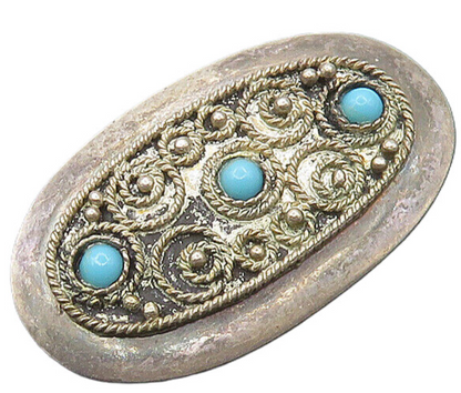 ISRAEL 925 Sterling Silver  Vintage Turquoise Ornate Twist Brooch Pin  BP7261