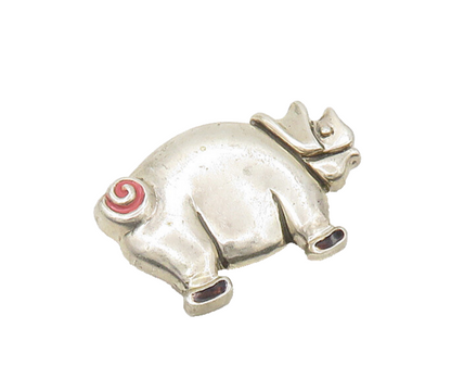 925 Sterling Silver  Vintage Shiny Enamel Detail Pig Motif Brooch Pin  BP8382