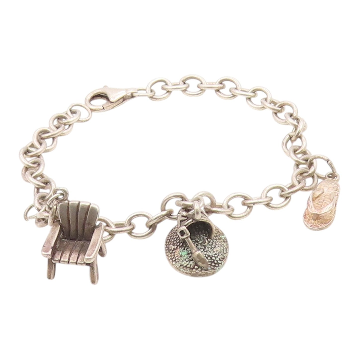 925 Sterling Silver  Vintage Beach Day Charm Round Link Chain Bracelet  BT3772
