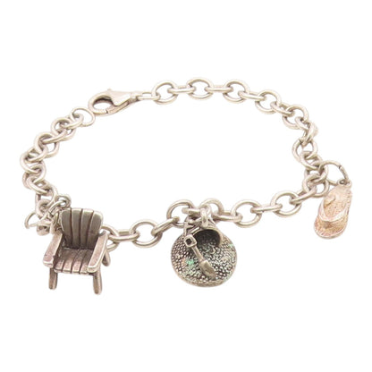 925 Sterling Silver  Vintage Beach Day Charm Round Link Chain Bracelet  BT3772