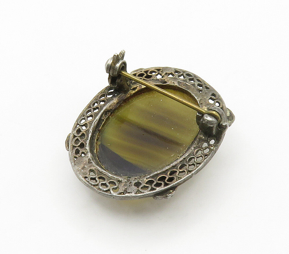 925 Sterling Silver  Vintage Cabochon Cut Agate Floral Brooch Pin  BP6126