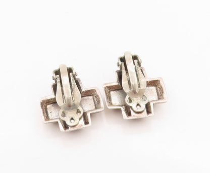 925 Sterling Silver Vintage Earrings Onyx Inlay Plus Sign Clip Back  EG13542