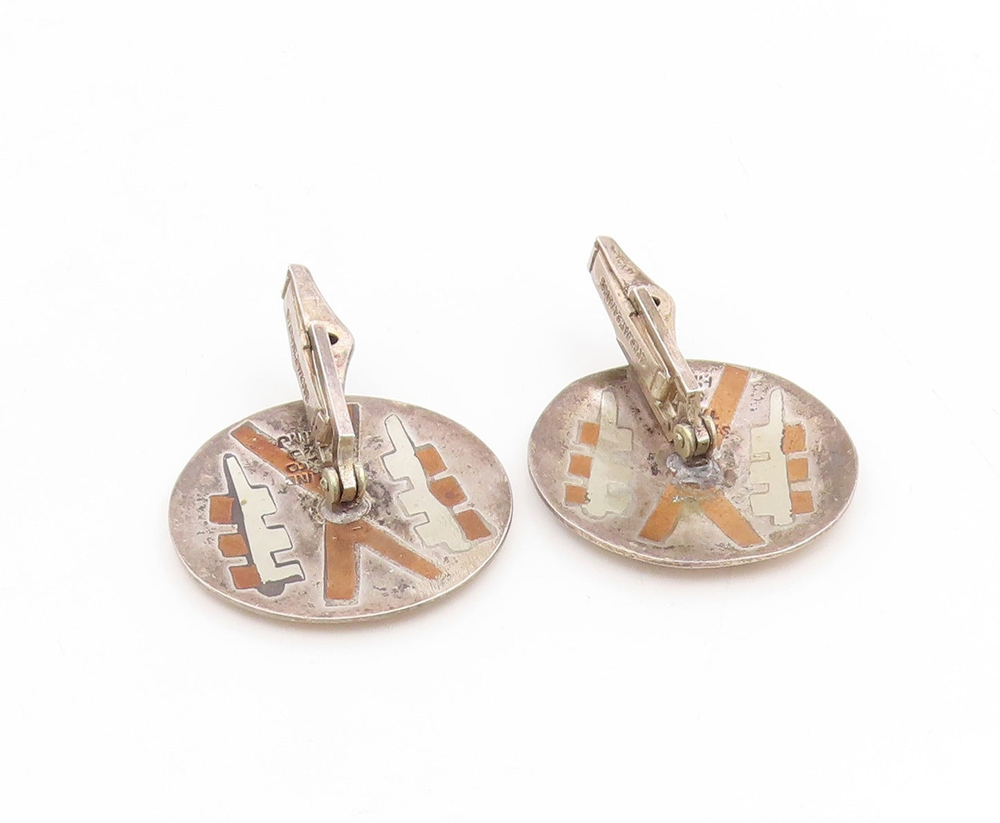 925 Sterling Silver Vintage Cufflinks TAXCO Aztec Geometric Inlay Discs  TR4190