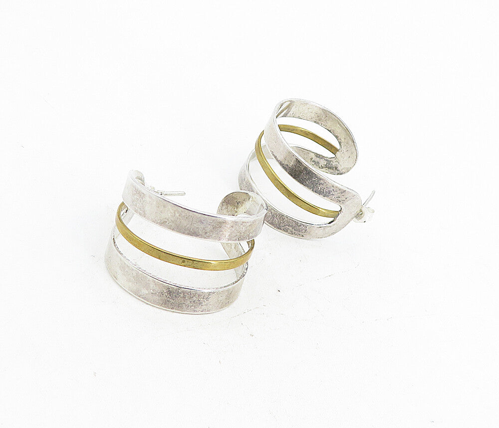 MEXICO 925 Sterling Silver Vintage Smooth Two Tone Hoop Earrings EG4414