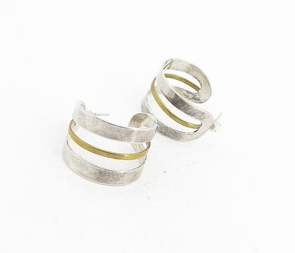 MEXICO 925 Sterling Silver Vintage Smooth Two Tone Hoop Earrings EG4414