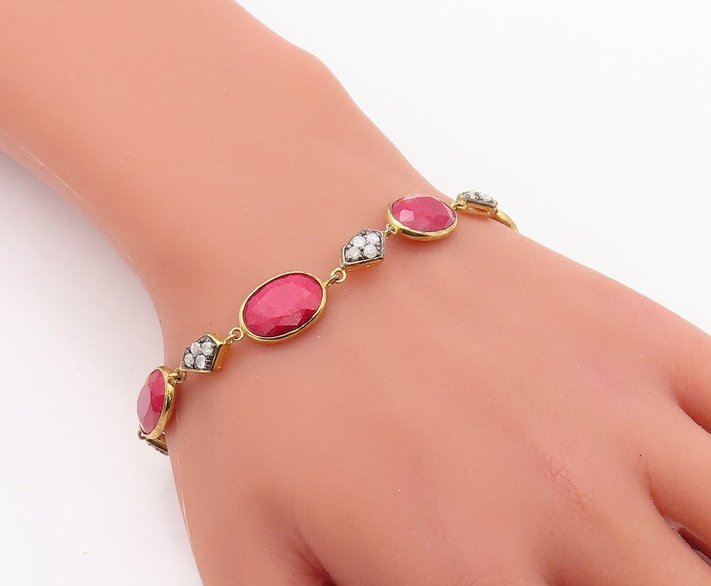 925 Sterling Silver Vintage Bracelet Gold Plated Diamonds & Oval Ruby  BT10837