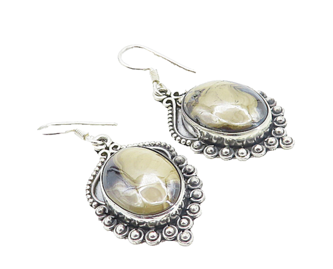 925 Sterling Silver  Vintage Cabochon Cut Agate Shiny Dangle Earrings  EG3146