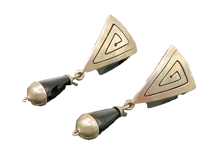 925 Sterling Silver  Vintage Black Onyx Cone Shape Dangle Earrings  EG11057