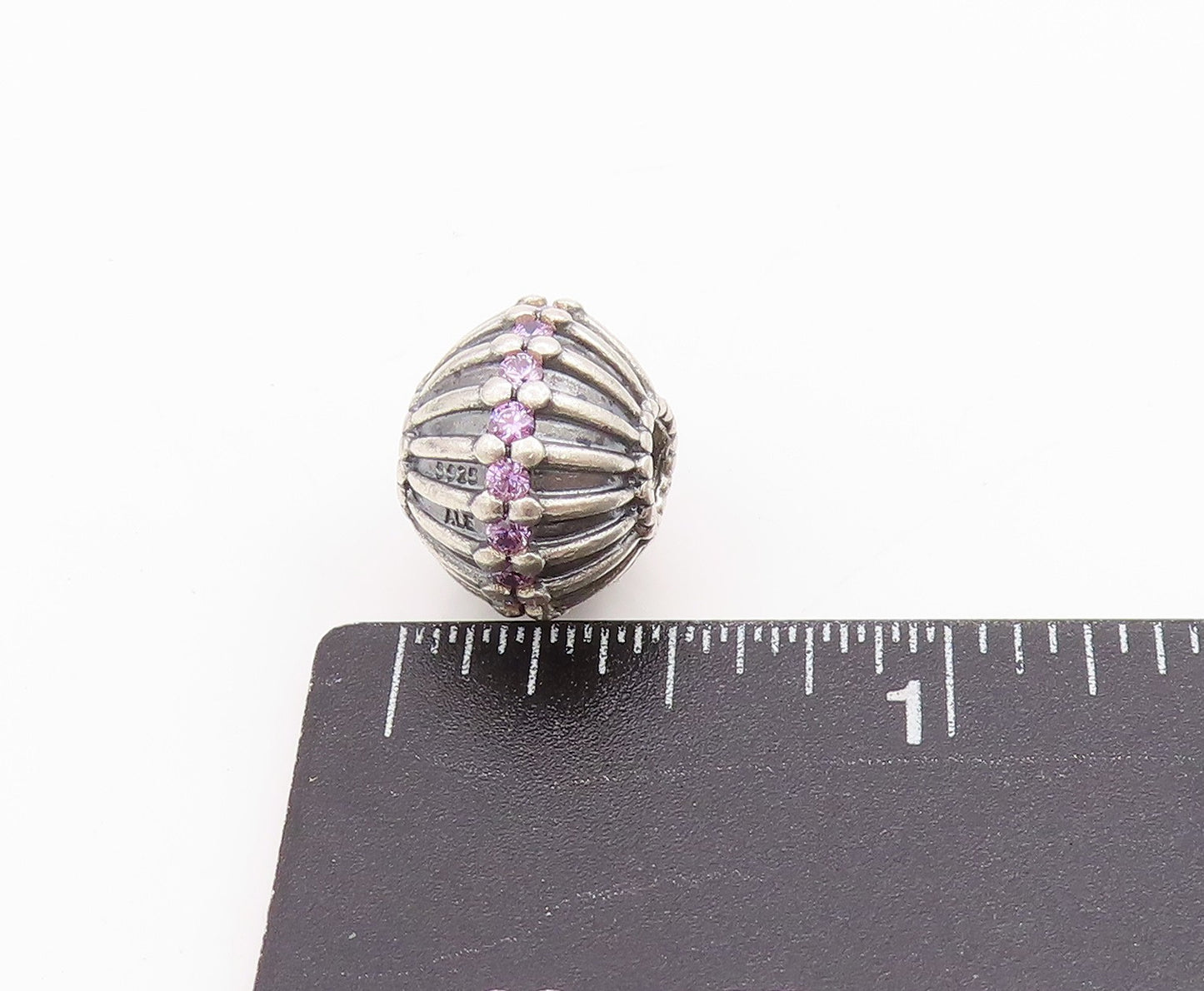 925 Sterling Silver Vintage Pendant PANDORA Amethyst Inlay Etched Sphere PT24548