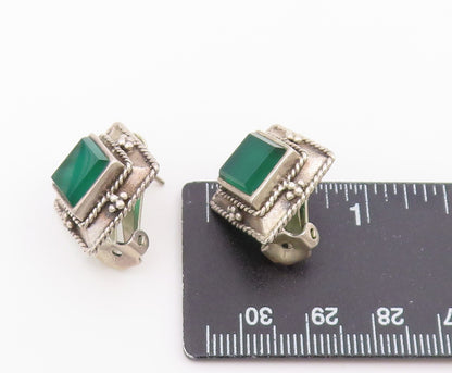 925 Sterling Silver Vintage Earrings Green Onyx Beaded Frame Clip On  EG14432