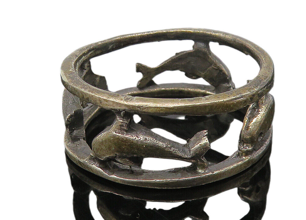 925 Sterling Silver  Vintage Oxidized Dolphins Open Band Ring Sz 9.5  RG10792