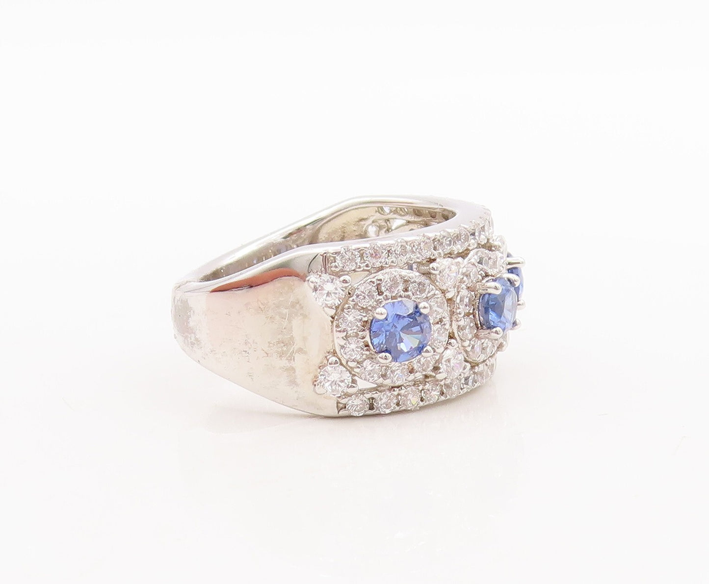 925 Sterling Silver Vintage Ring Round Cut Blue Halo White CZ  Sz 7  RG29494