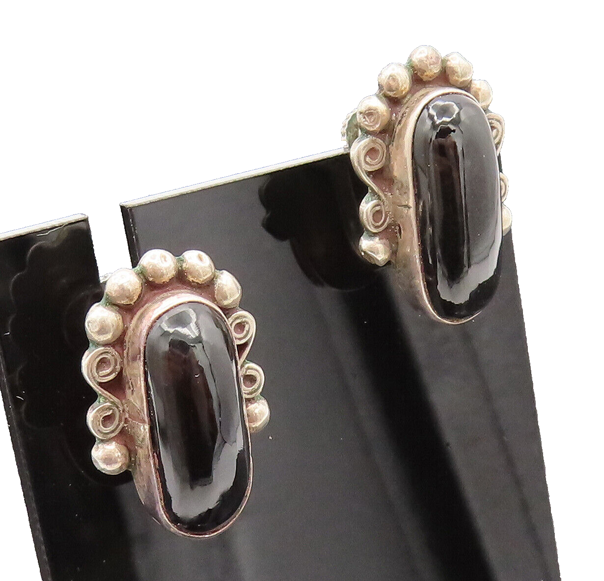 MEXICO 925 Sterling Silver Vintage Beads Swirls Onyx Screw Back Earrings EG12345