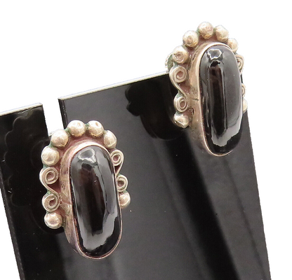 MEXICO 925 Sterling Silver Vintage Beads Swirls Onyx Screw Back Earrings EG12345