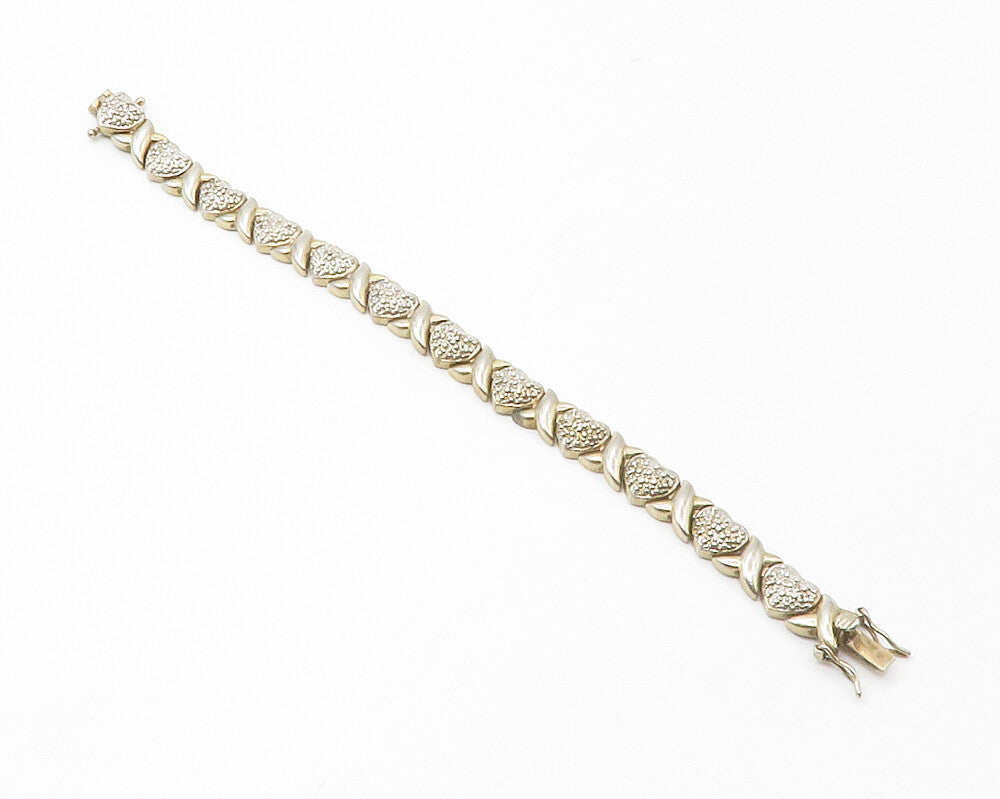 925 Sterling Silver  Vintage Genuine Diamonds XO Heart Chain Bracelet  BT5648