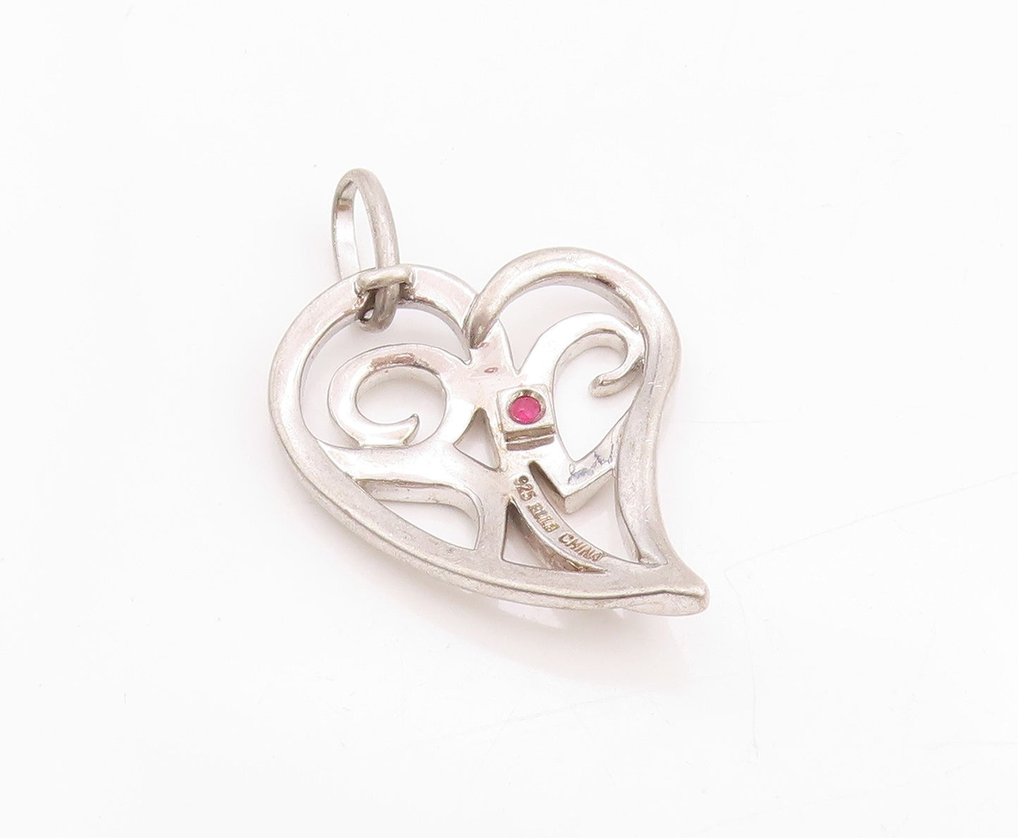 925 Sterling Silver Vintage Pendant ELLE Ruby Swirly Love Heart Cut Out  PT24750
