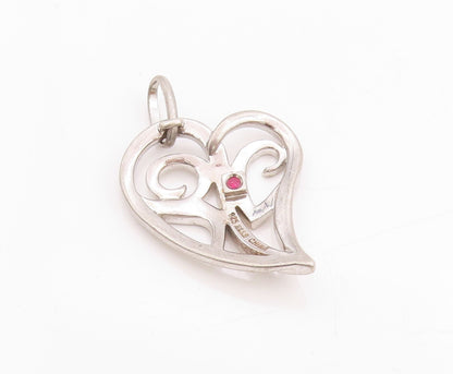 925 Sterling Silver Vintage Pendant ELLE Ruby Swirly Love Heart Cut Out  PT24750