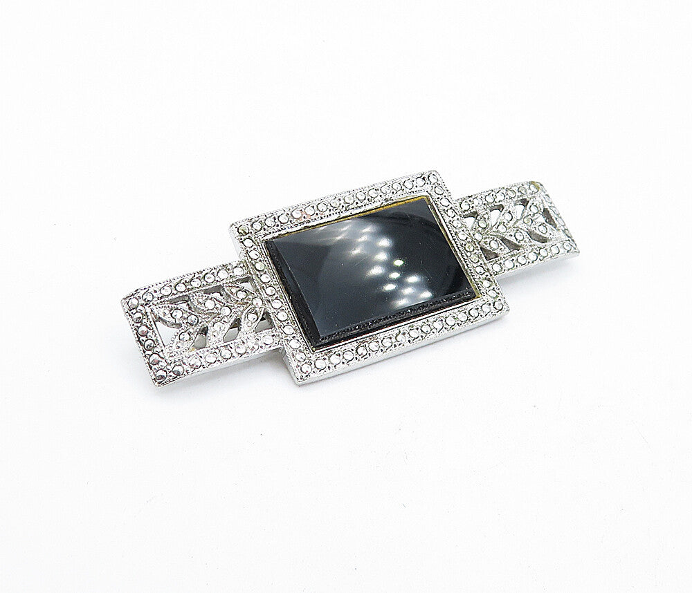 925 Sterling Silver  Vintage Black Onyx Floral Leaf Shiny Brooch Pin  BP1645