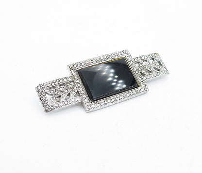 925 Sterling Silver  Vintage Black Onyx Floral Leaf Shiny Brooch Pin  BP1645