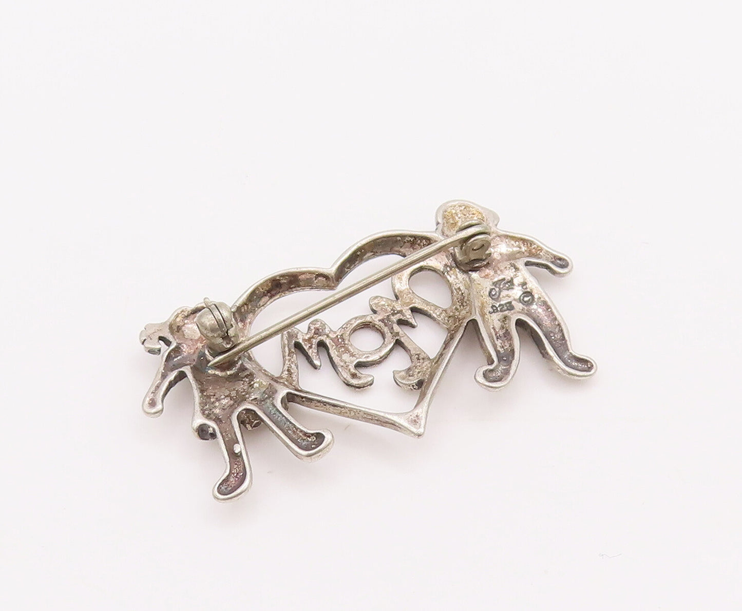 925 Sterling Silver Vintage Brooch Pin Love Mom Cutout With Children  BP11109
