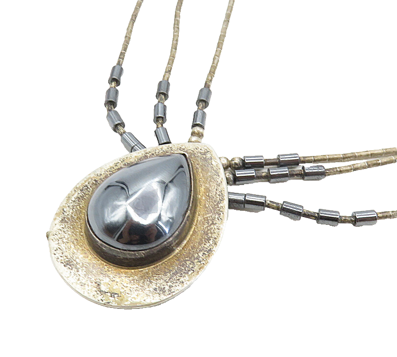 NAVAJO 925 Sterling Silver  Vintage Tear Drop Hematite Chain Necklace  NE1618