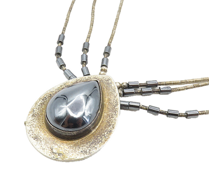 NAVAJO 925 Sterling Silver  Vintage Tear Drop Hematite Chain Necklace  NE1618