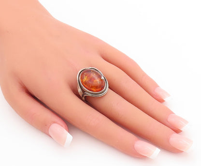 925 Sterling Silver Vintage Ring POLAND Cabochon Honey Amber  Sz 8.5  RG28690