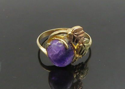 10K GOLD  Vintage Cabochon Cut Amethyst Floral Leaves Band Ring Sz 6.5  GR281