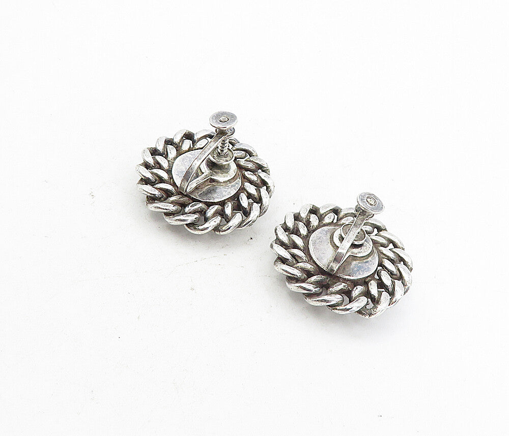 925 Sterling Silver  Vintage Shiny Linked Border Non Pierce Earrings  EG4054