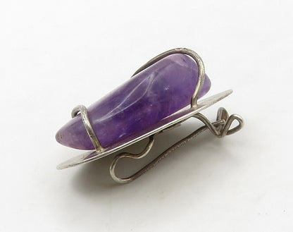 DESIGNER 925 Sterling Silver  Vintage Amethyst Handwrought Brooch Pin  BP6391