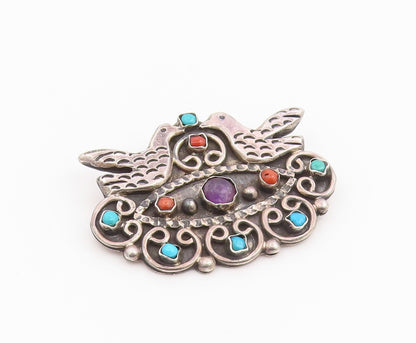 925 Sterling Silver Vintage Brooch Pin MEXICO Multi Gemstone Dove Bird  BP12433