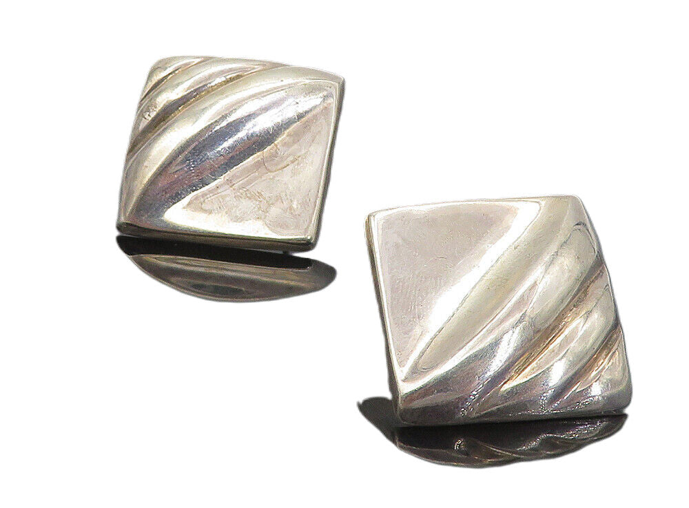 925 Sterling Silver  Vintage Shiny Fluted Detail Square Drop Earrings  EG4045