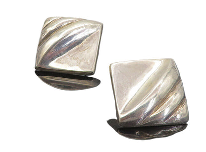 925 Sterling Silver  Vintage Shiny Fluted Detail Square Drop Earrings  EG4045