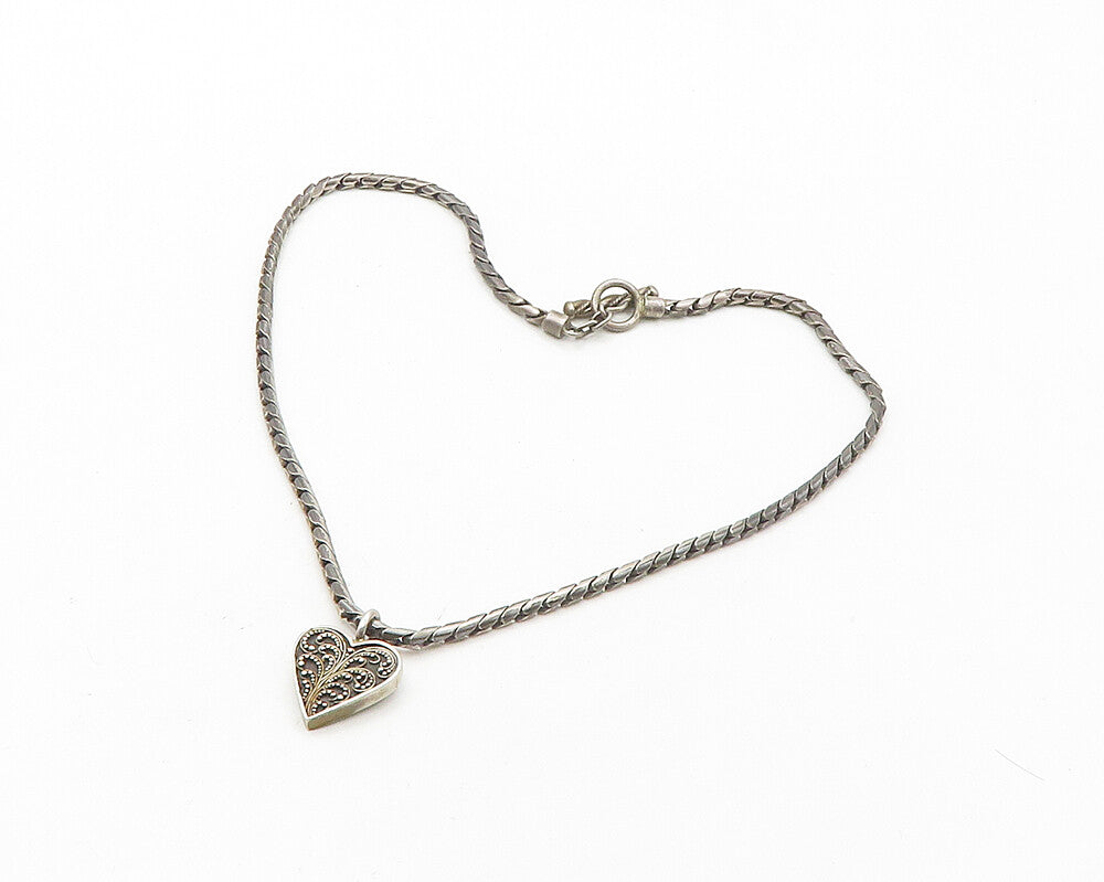 925 Sterling Silver  Vintage Swirl Love Heart Dark Tone Chain Necklace  NE2872