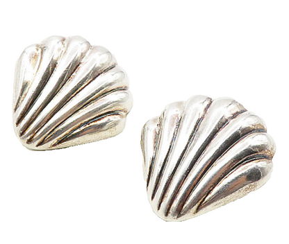 MEXICO 925 Sterling Silver  Vintage Shiny Scalloped Non Pierce Earrings EG4851