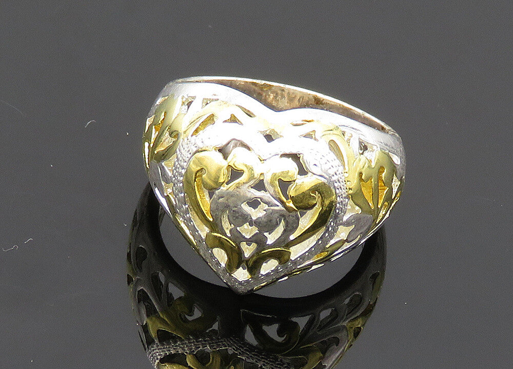 925 Silver   Vintage Shiny 2 Tone Love Heart Dome Band Ring Sz 5  RG20182