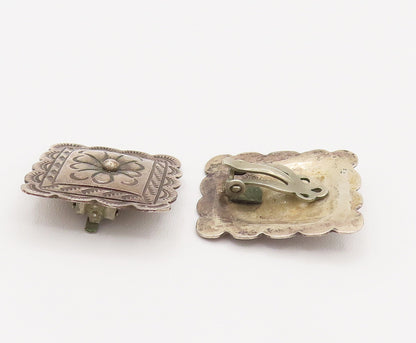 SOUTHWESTERN 925 Silver Vintage Etched Lines Floral Clip Earrings EG12350