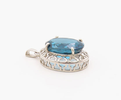 925 Sterling Silver Vintage Pendant Modernist Oval Cut Blue Topaz Charm  PT26336