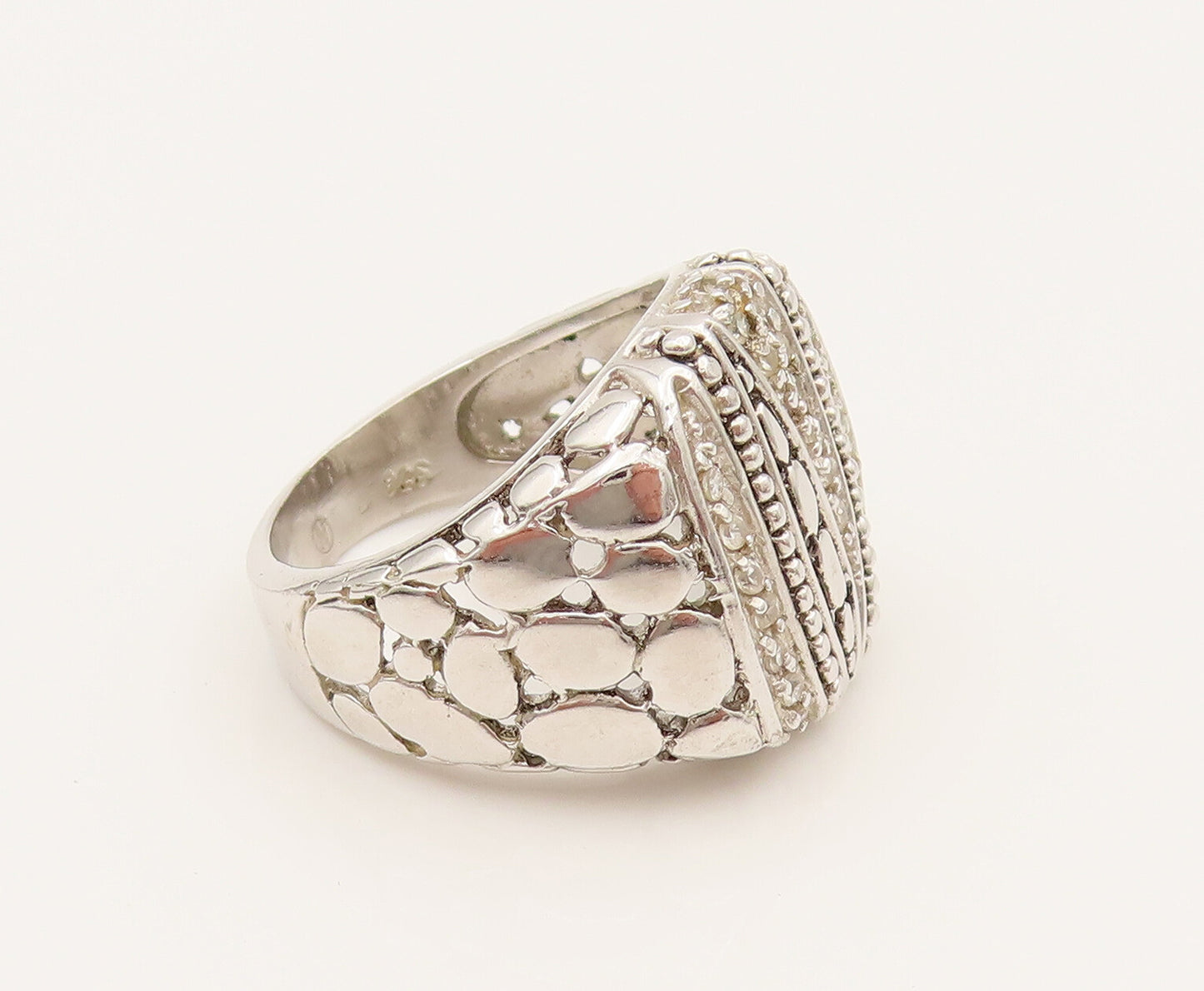 925 Silver  Vintage Beaded Cubic Zirconia Cobblestone Ring Sz 7  RG26283