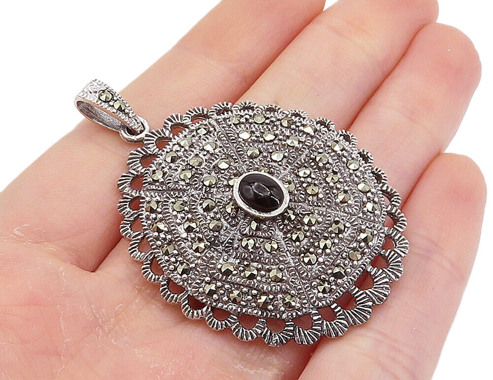 925 Sterling Silver  Black Onyx & Marcasite Sparkling Oval Pendant  PT6117