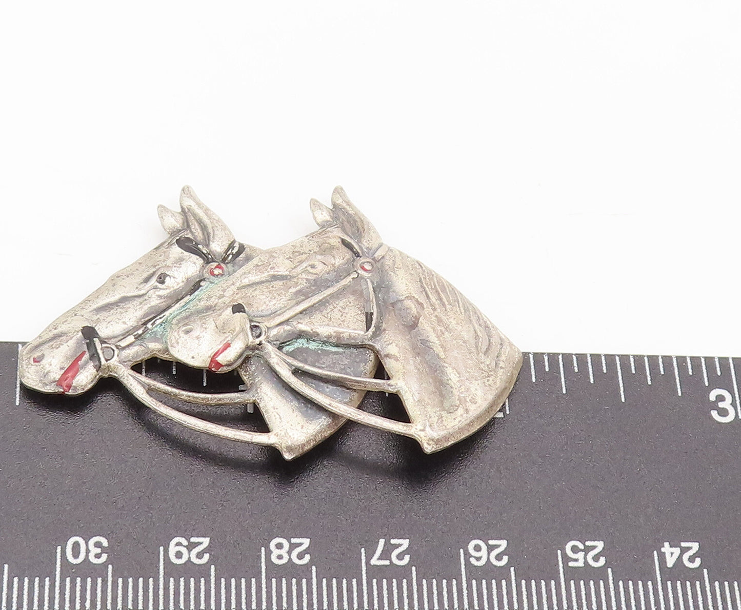 UNCAS 925 Silver  Vintage Antique Solid Carved Horse Faces Brooch Pin  BP10493