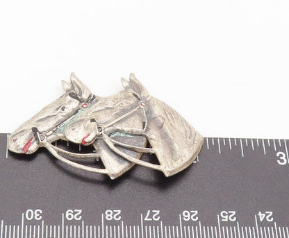 UNCAS 925 Silver  Vintage Antique Solid Carved Horse Faces Brooch Pin  BP10493