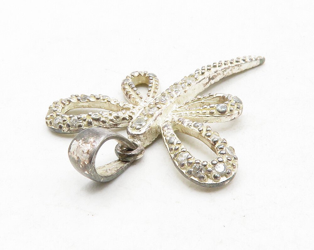 925 Sterling Silver Vintage White Topaz Dragonfly Motif Drop Pendant PT9850