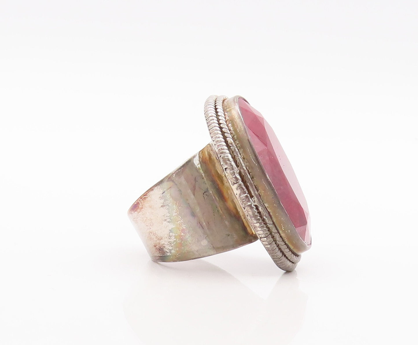 925 Sterling Silver Vintage Ring Large Oval Cut Red Gemstone  Sz 7.5  RG29524