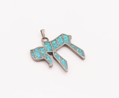 925 Sterling Silver Vintage Pendant Southwestern Crushed Turquoise Chai PT22939