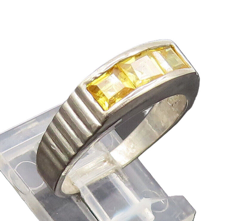 925 Sterling Silver  Vintage Solid Inlay Yellow Square CZ Ring Sz 7  RG27481