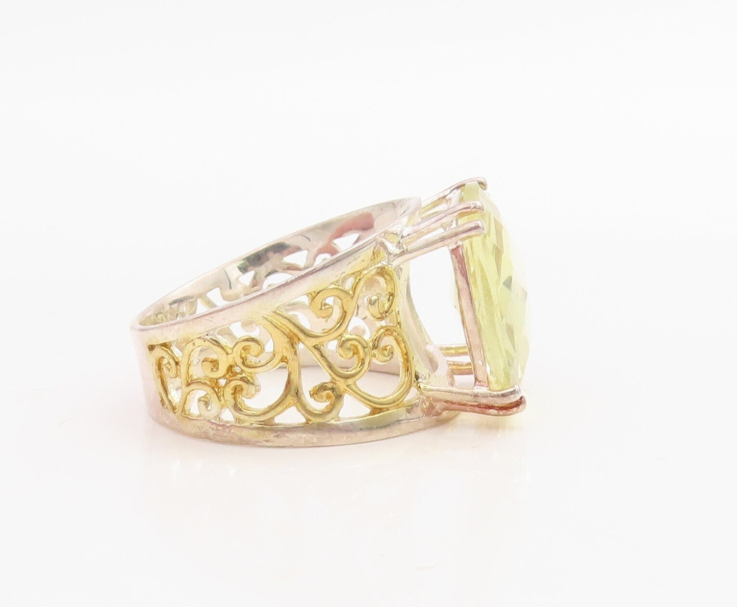 14K Gold 925 Sterling Silver Vintage Ring Swirly Cutout Citrine  Sz 7  RG30950